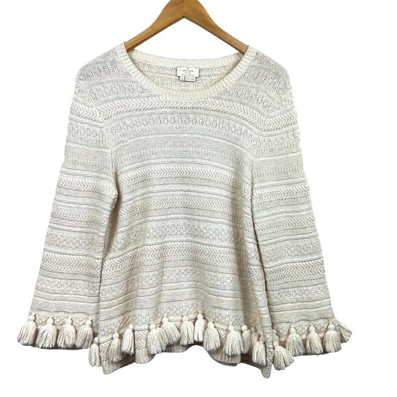Kate Spade New York Beige Knit Sweater With Tassel Hem Medium - Picture 2 of 13